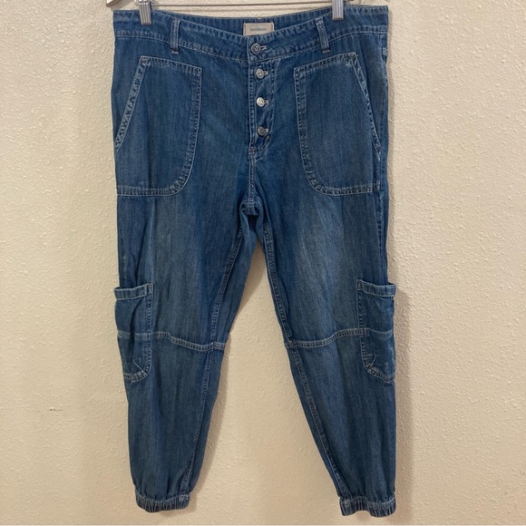 Sundance Jolienne Women’s Demin Joggers Cargo Button Blue Cotton Relaxed Sz 12 - Picture 3 of 16